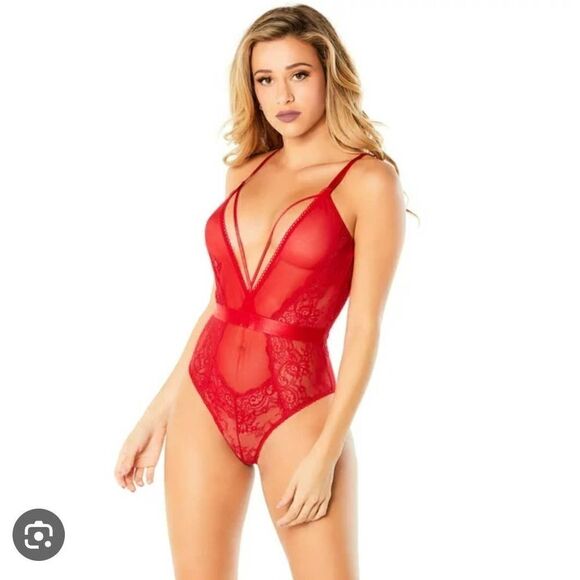 Oh la la Cheri Paris Red Viviane V-Plunge Lace Teddy sz M - Picture 1 of 15